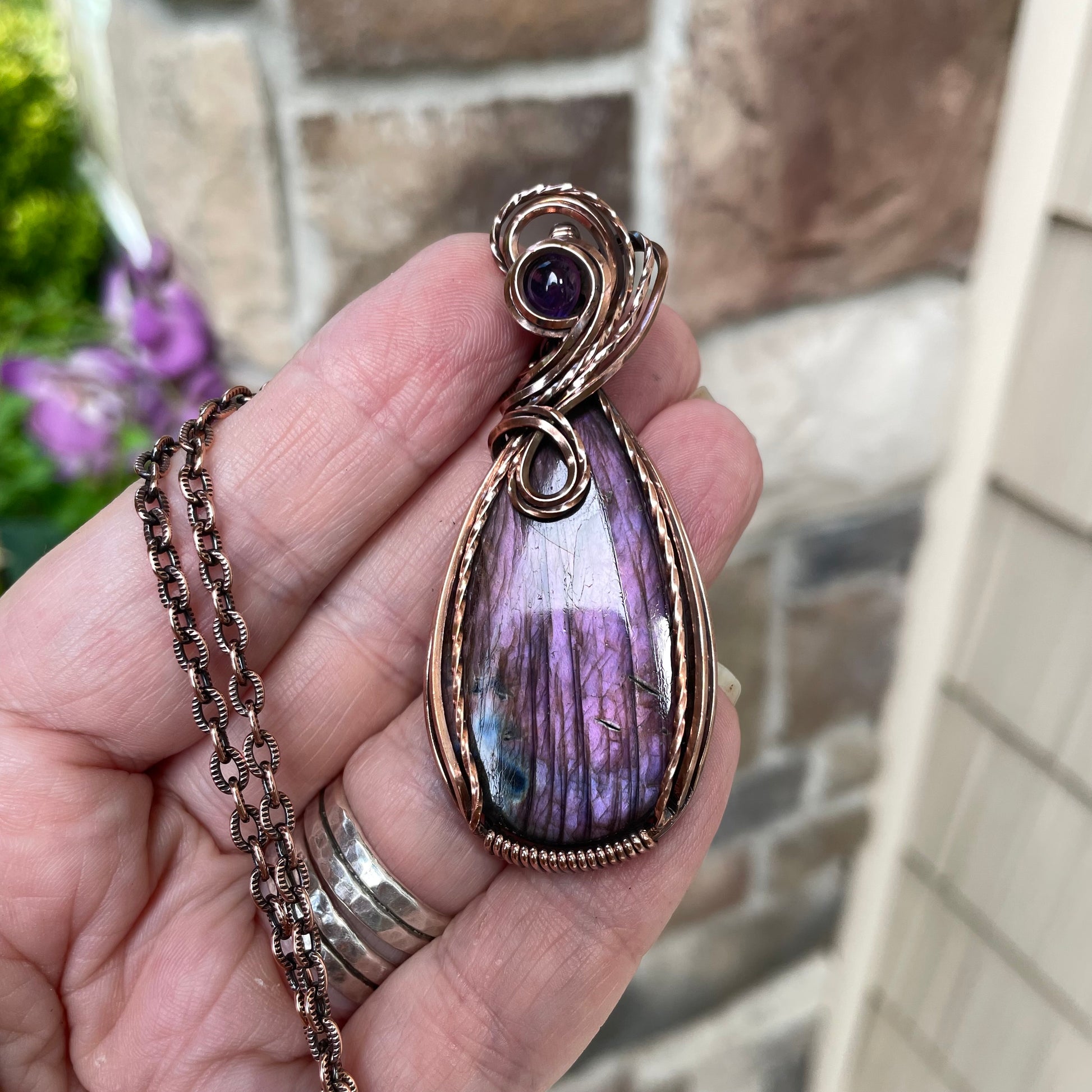 Purple Labradorite & Amethyst Copper Pendant