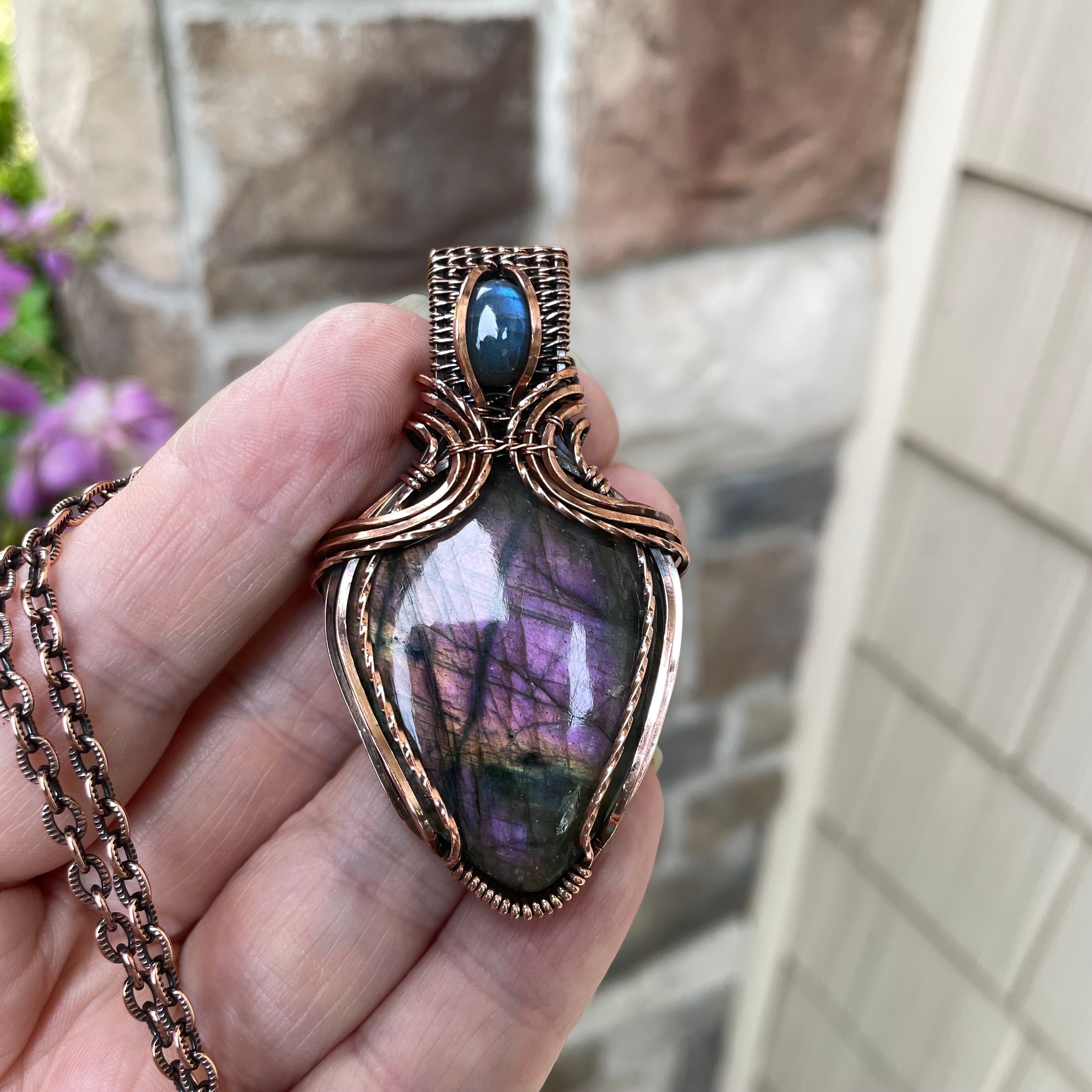 Purple & Blue Labradorite Copper Pendant with Weaving