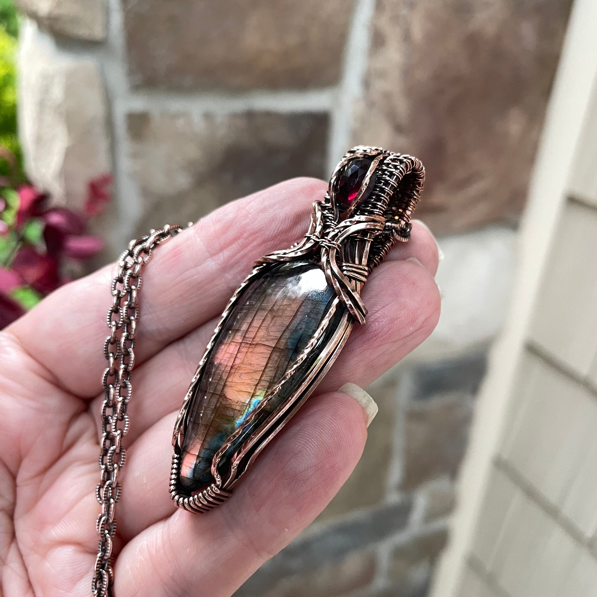 Purple & Pink Labradorite & Garnet Copper Pendant with Weaving