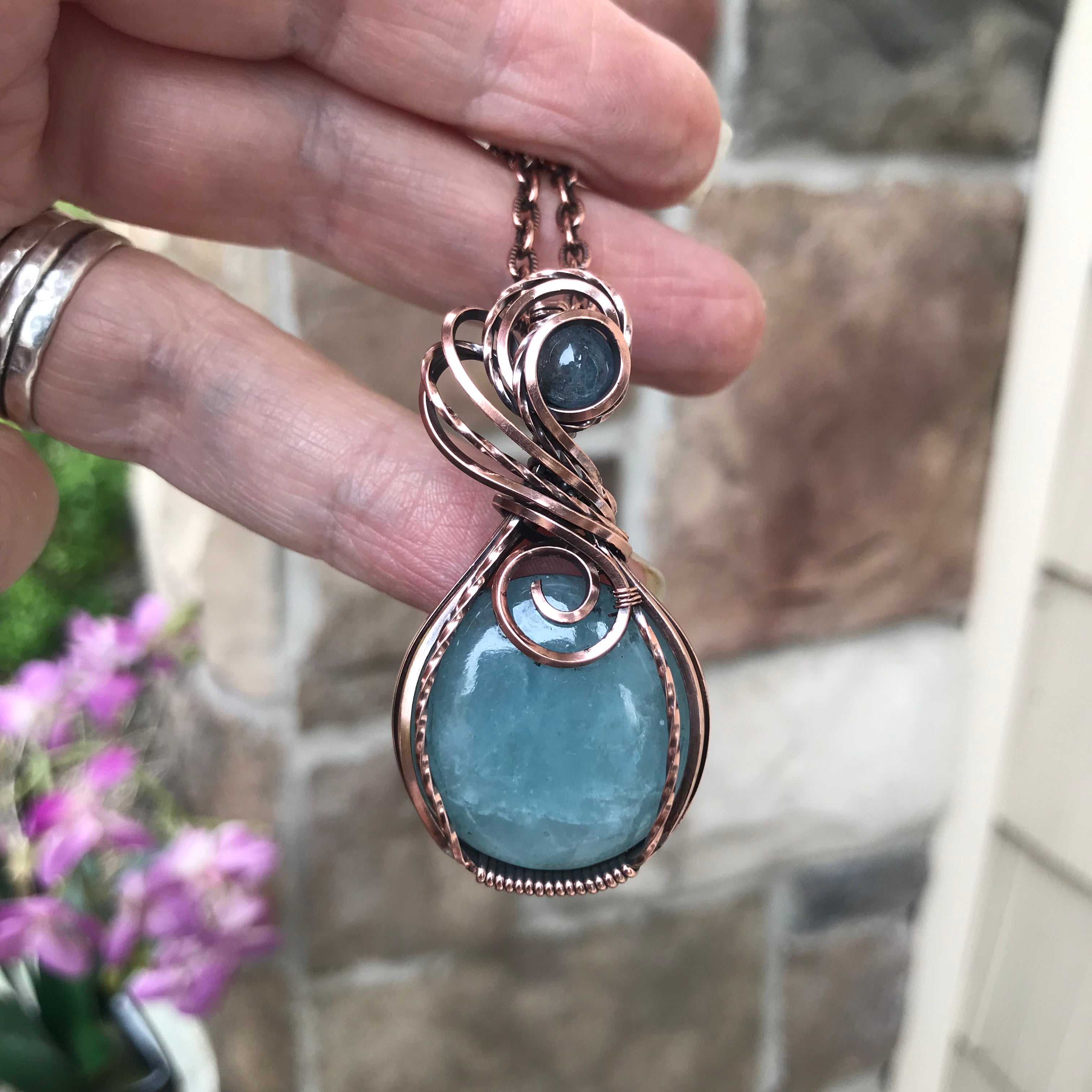 Aquamarine Swirly Copper Pendant