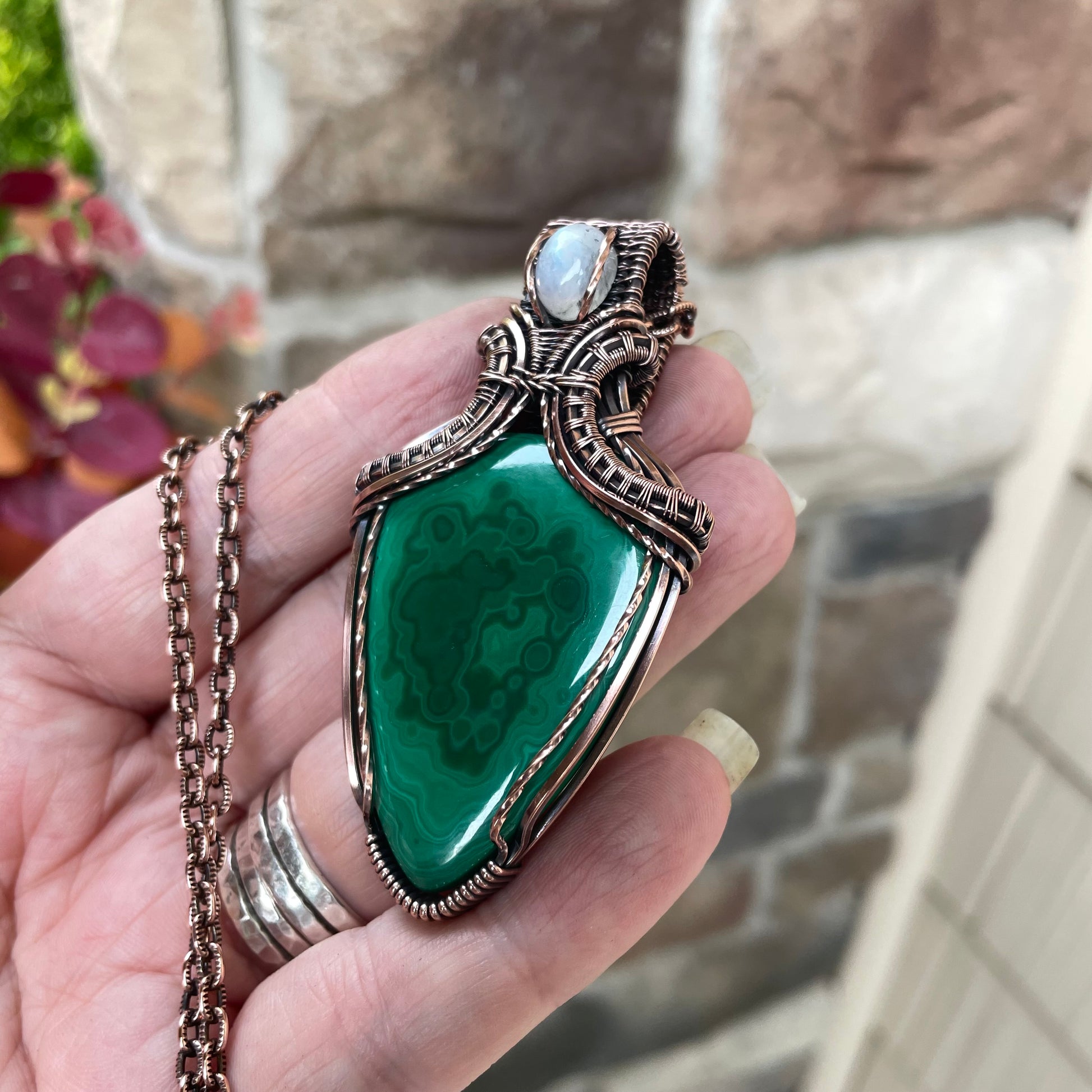 Malachite & Moonstone Copper Pendant with Weaving