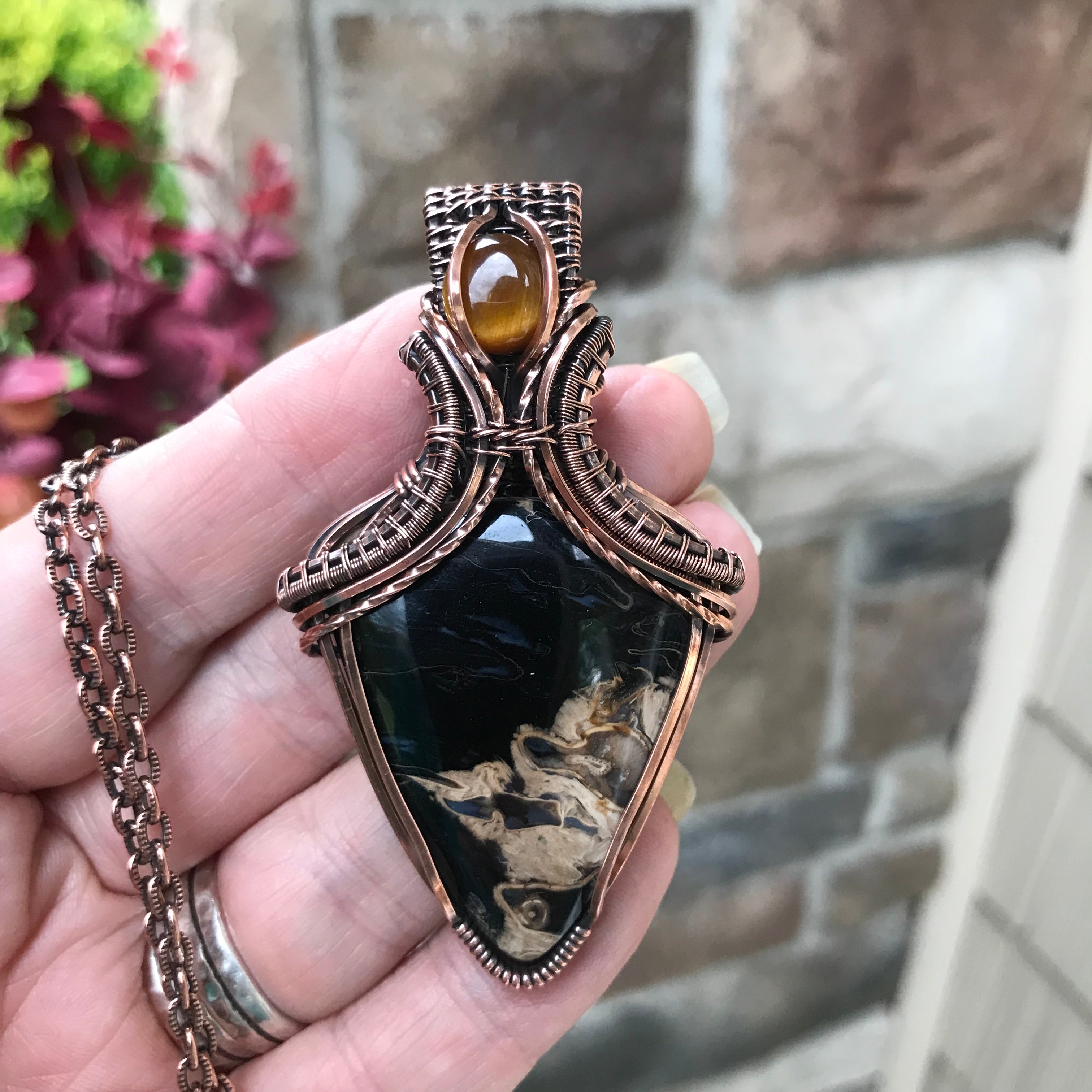 Petrified Palm Wood & Tiger Eye Copper Pendant with Weaving