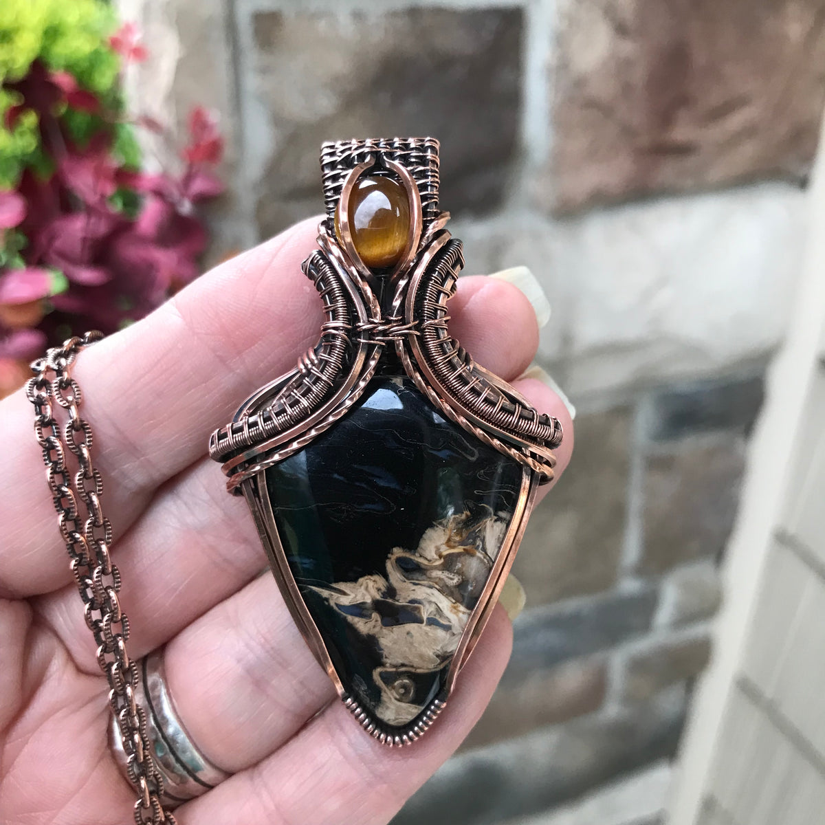 Petrified Palm Wood & Tiger Eye Copper Pendant with Weaving