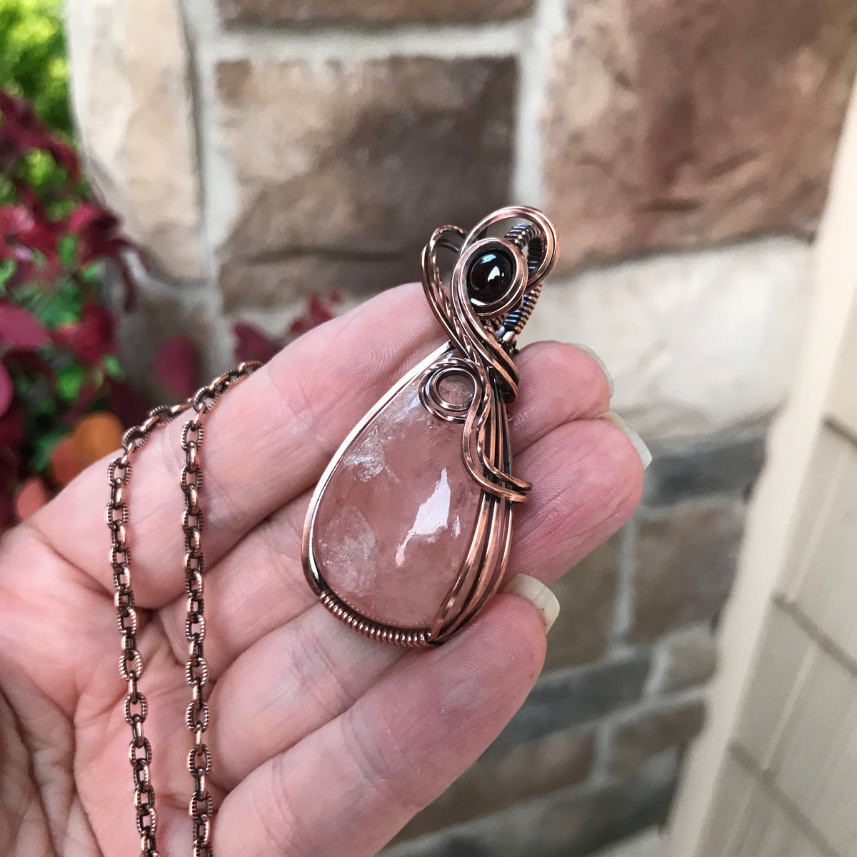 Morganite & Garnet Copper Swirly Necklace