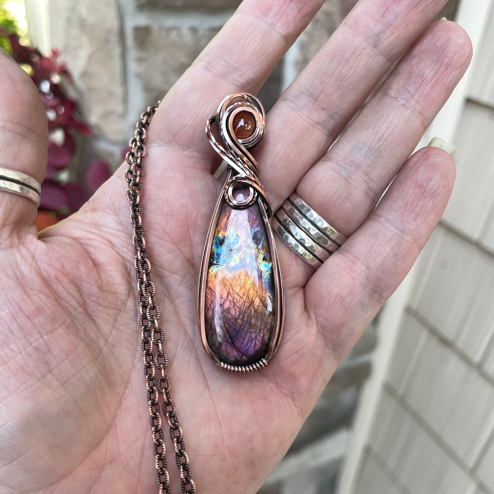 Orange & Purple Labradorite & Sunstone Slender Copper Pendant
