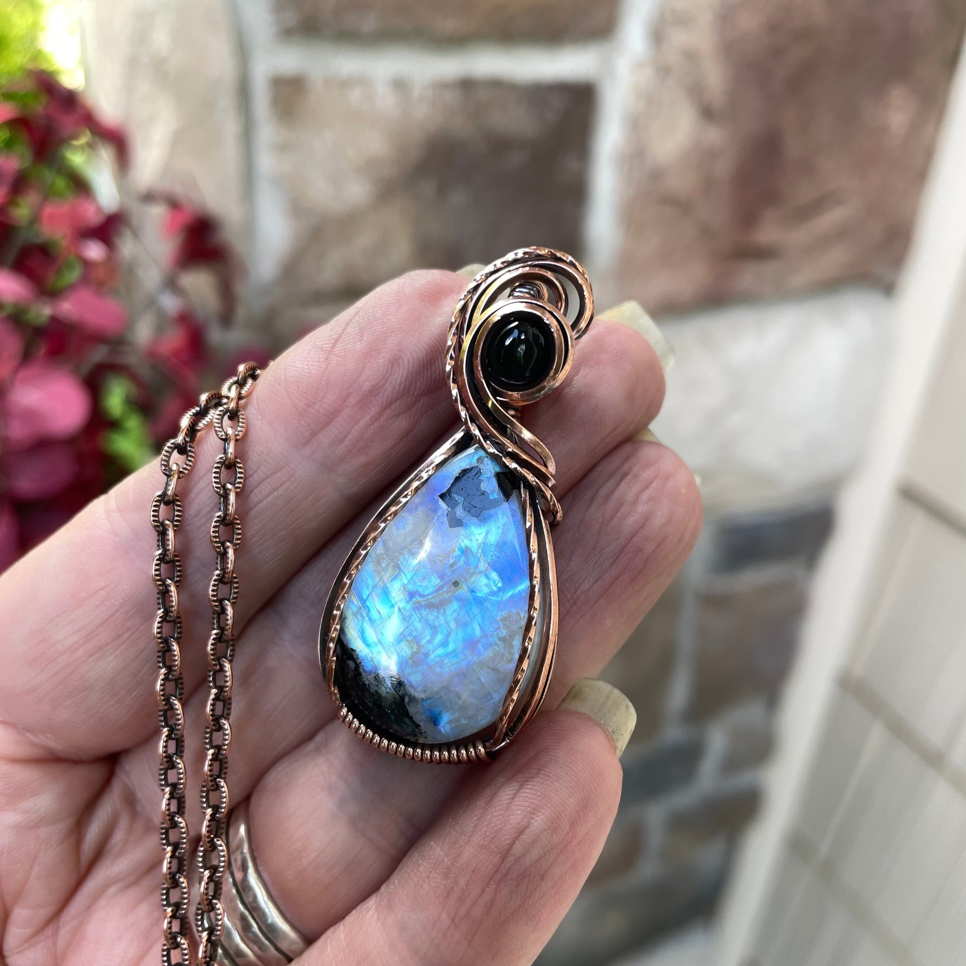 Moonstone & Black Onyx Copper Pendant