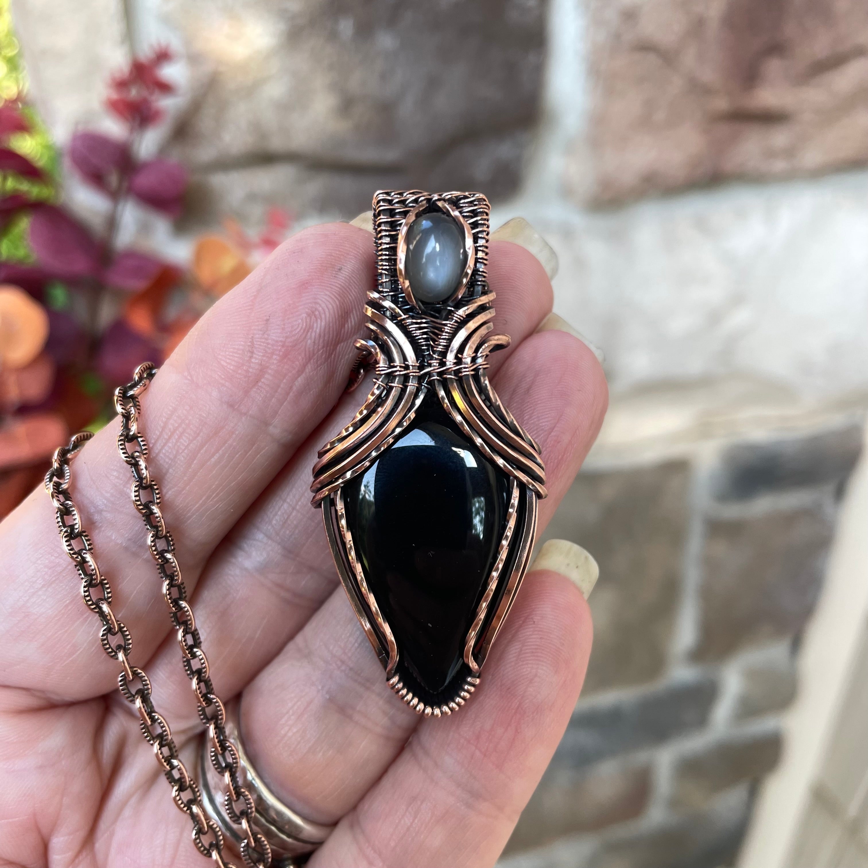 Black Onyx & Gray Moonstone Copper Pendant