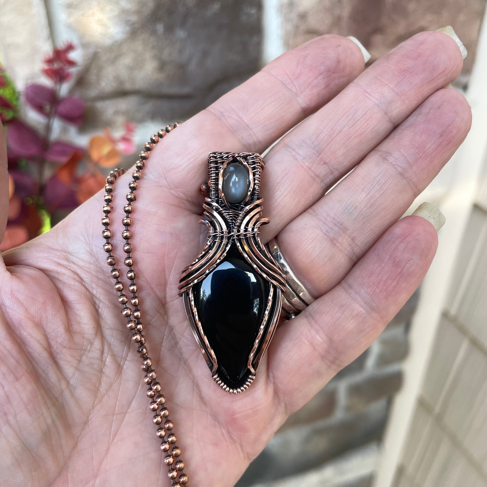 Black Onyx & Gray Moonstone Copper Pendant