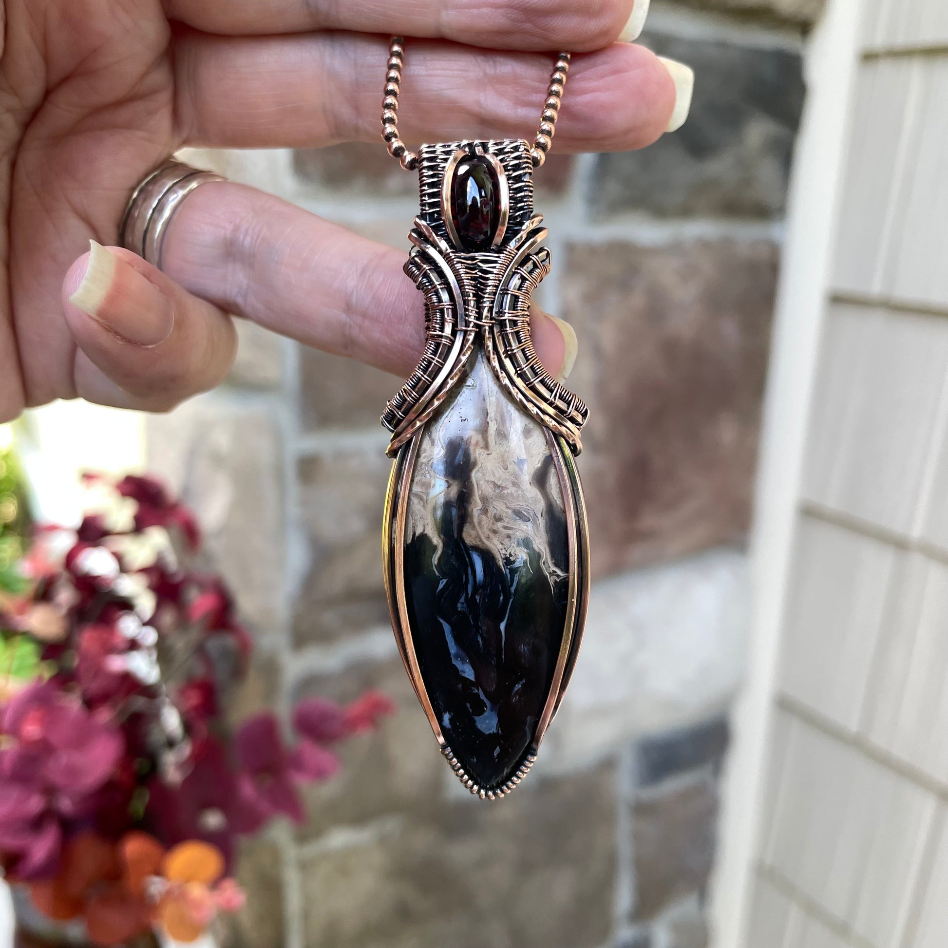 Petrified Palm Wood & Garnet Copper Pendant