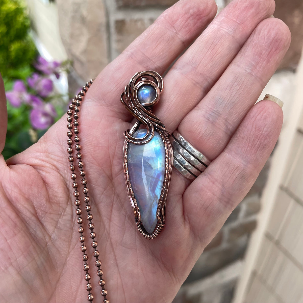 Moonstone Slender Swirly Copper Pendant