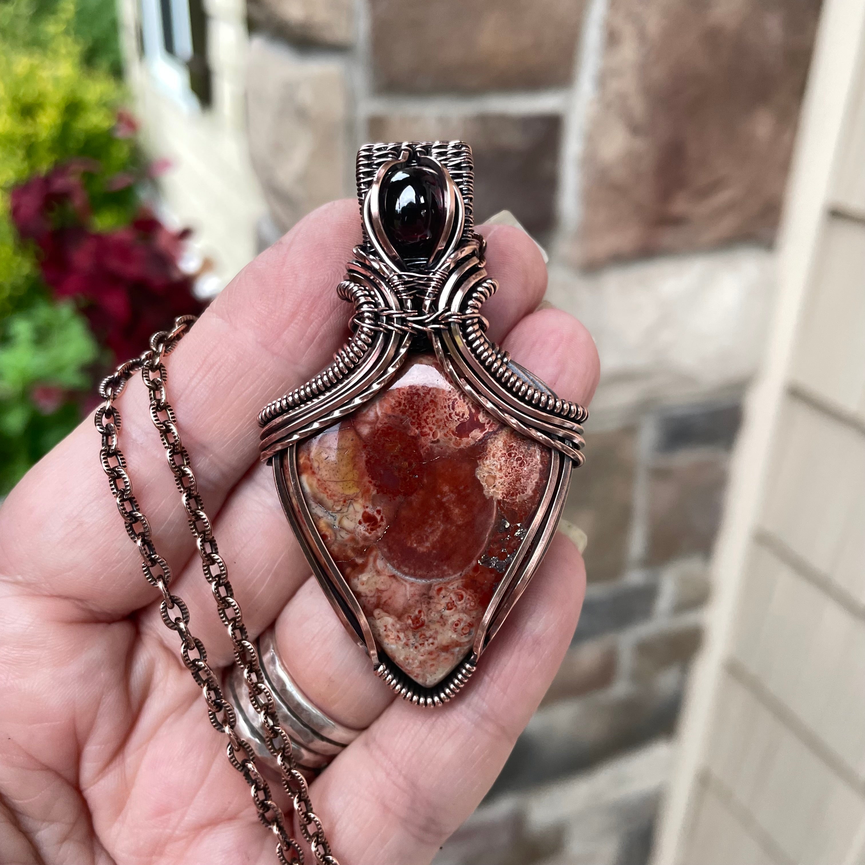 Wild Eye Jasper & Garnet Copper Pendant with Weaving