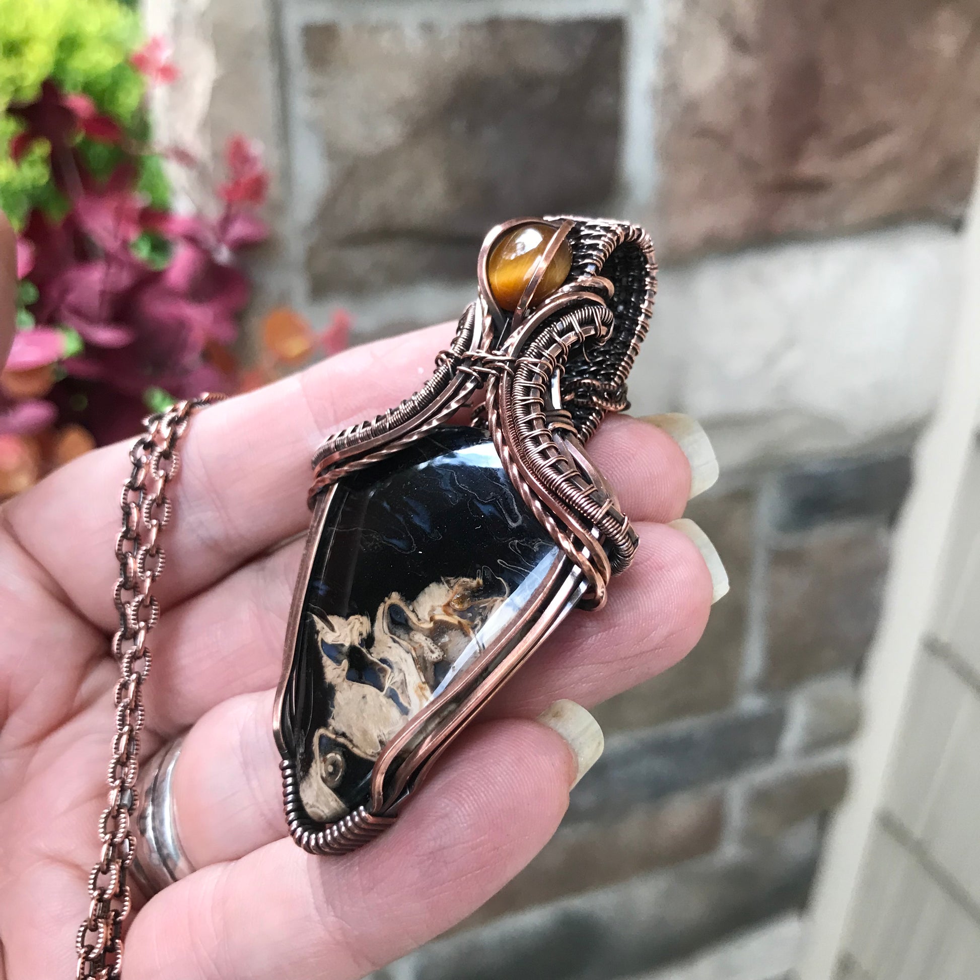 Petrified Palm Wood & Tiger Eye Copper Pendant with Weaving