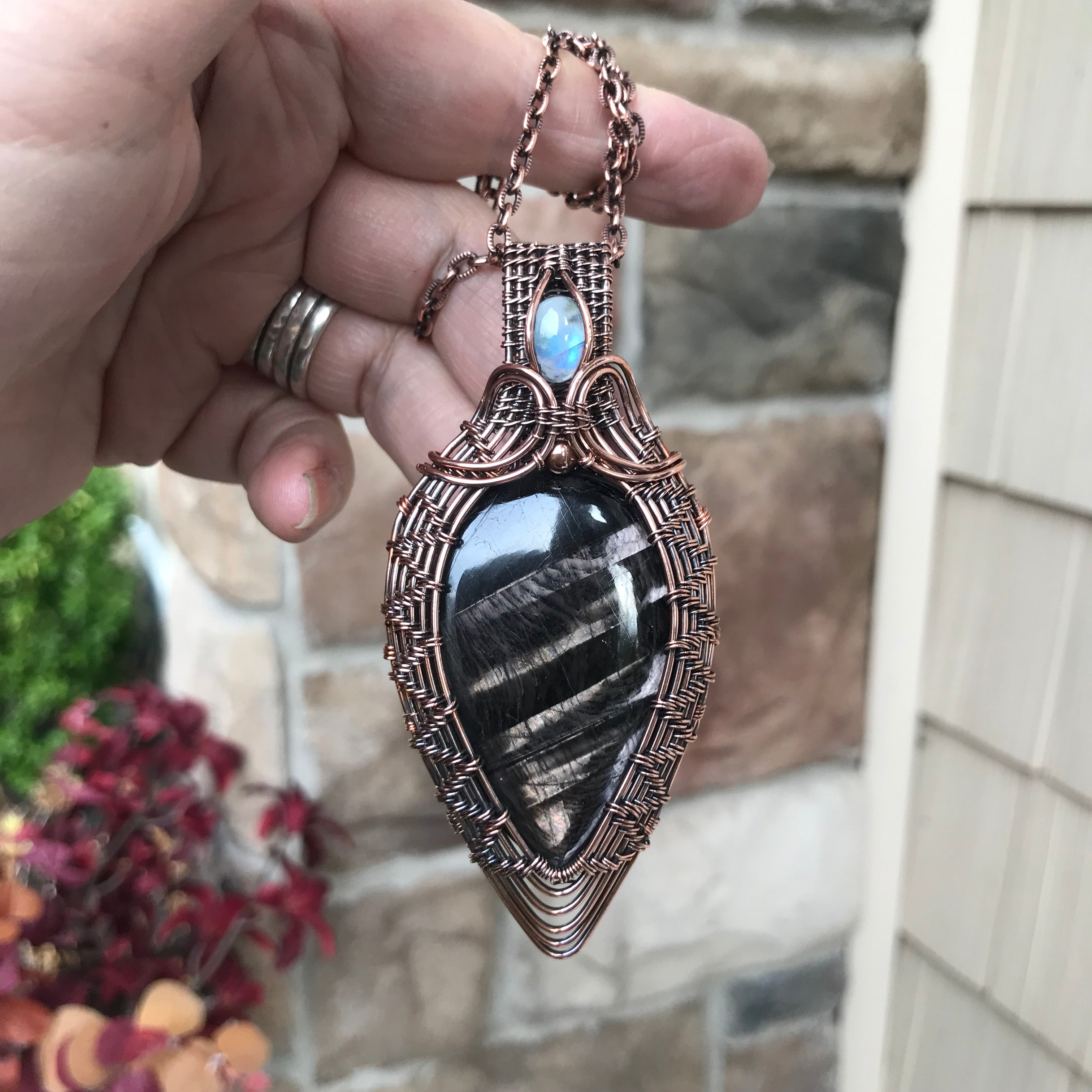 Hypersthene & Moonstone Woven Pendant