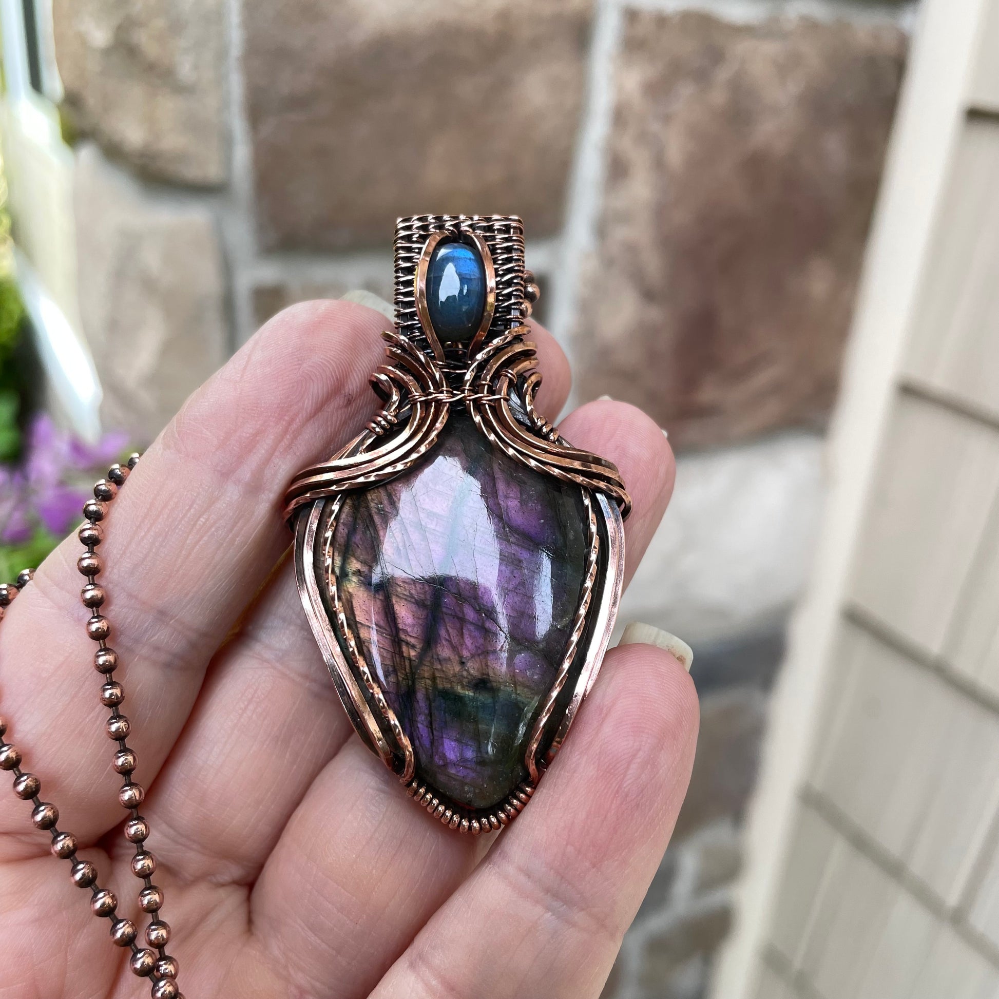 Purple & Blue Labradorite Copper Pendant with Weaving