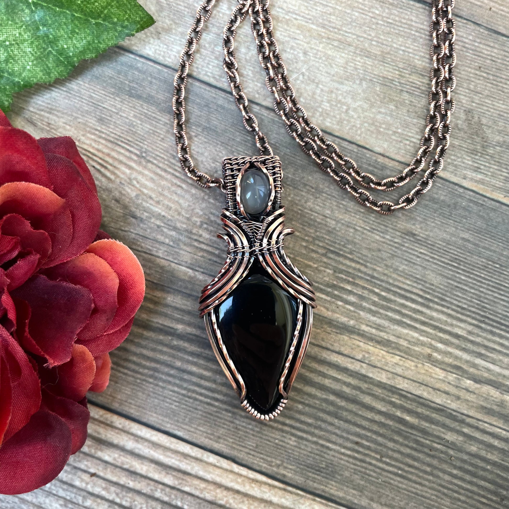 Black Onyx & Gray Moonstone Copper Pendant