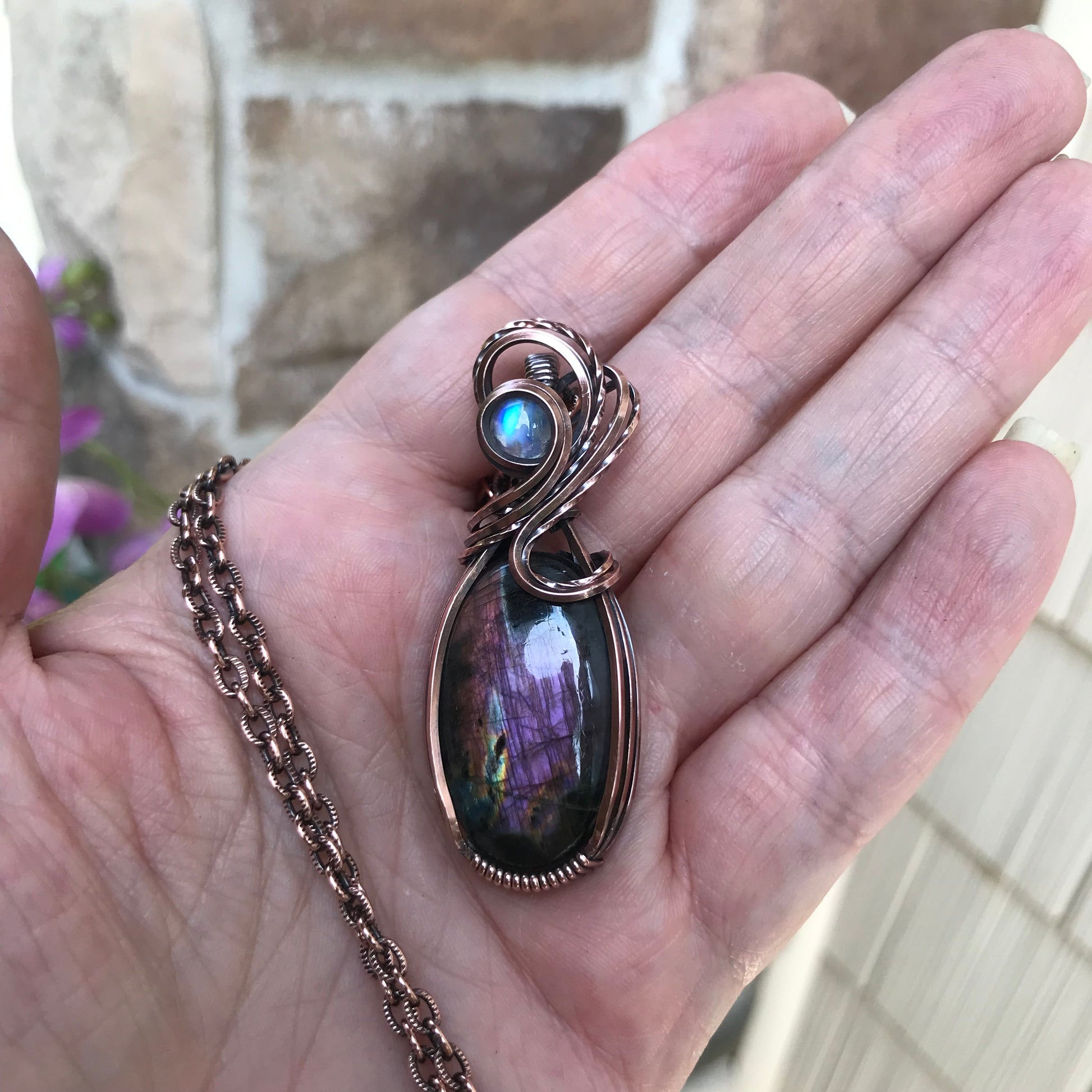 Purple Labradorite & Moonstone Oval Copper Pendant