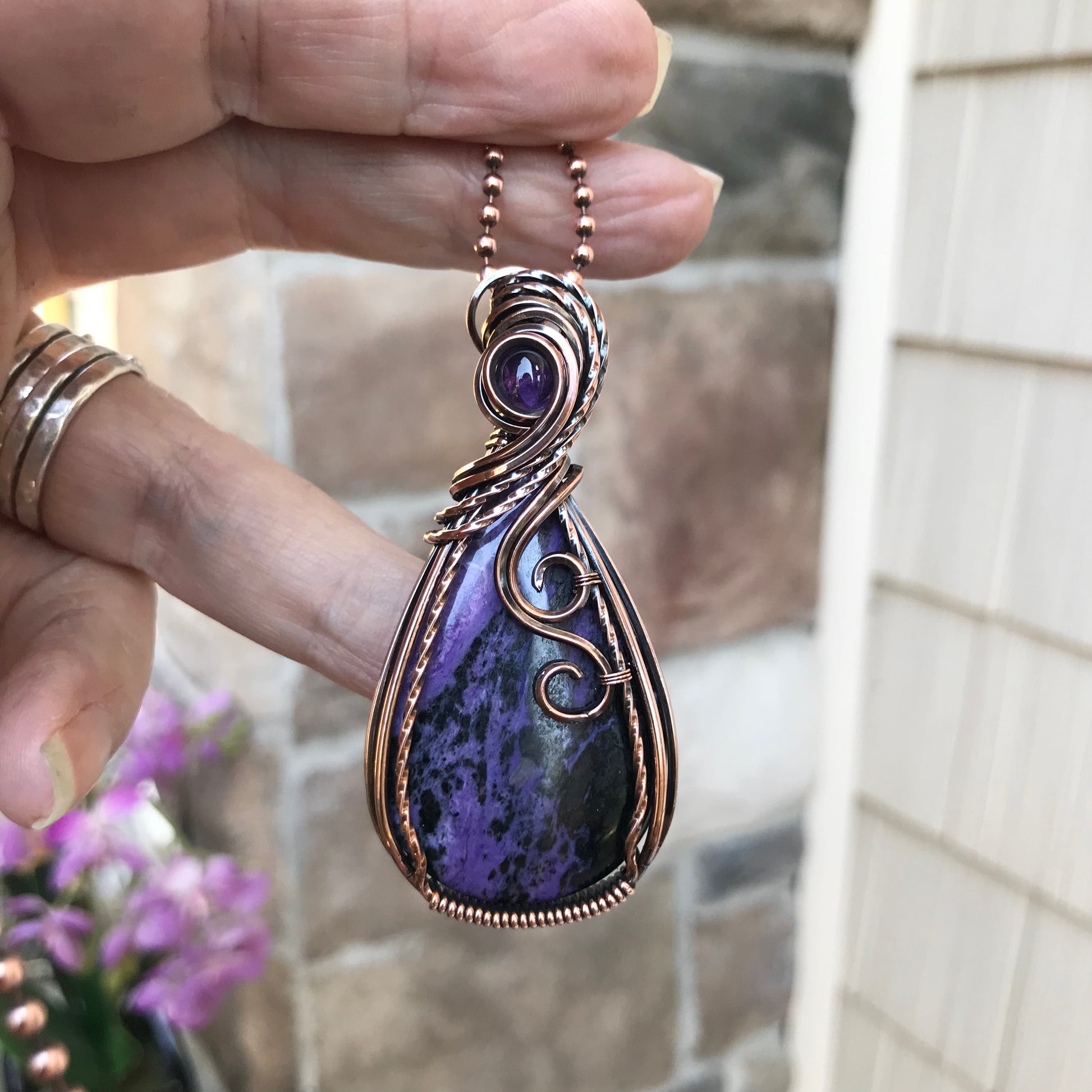 Charoite & Amethyst Copper Pendant