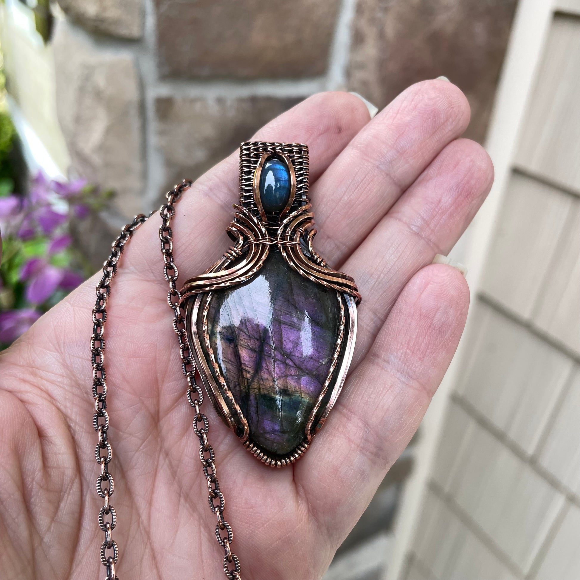 Purple & Blue Labradorite Copper Pendant with Weaving