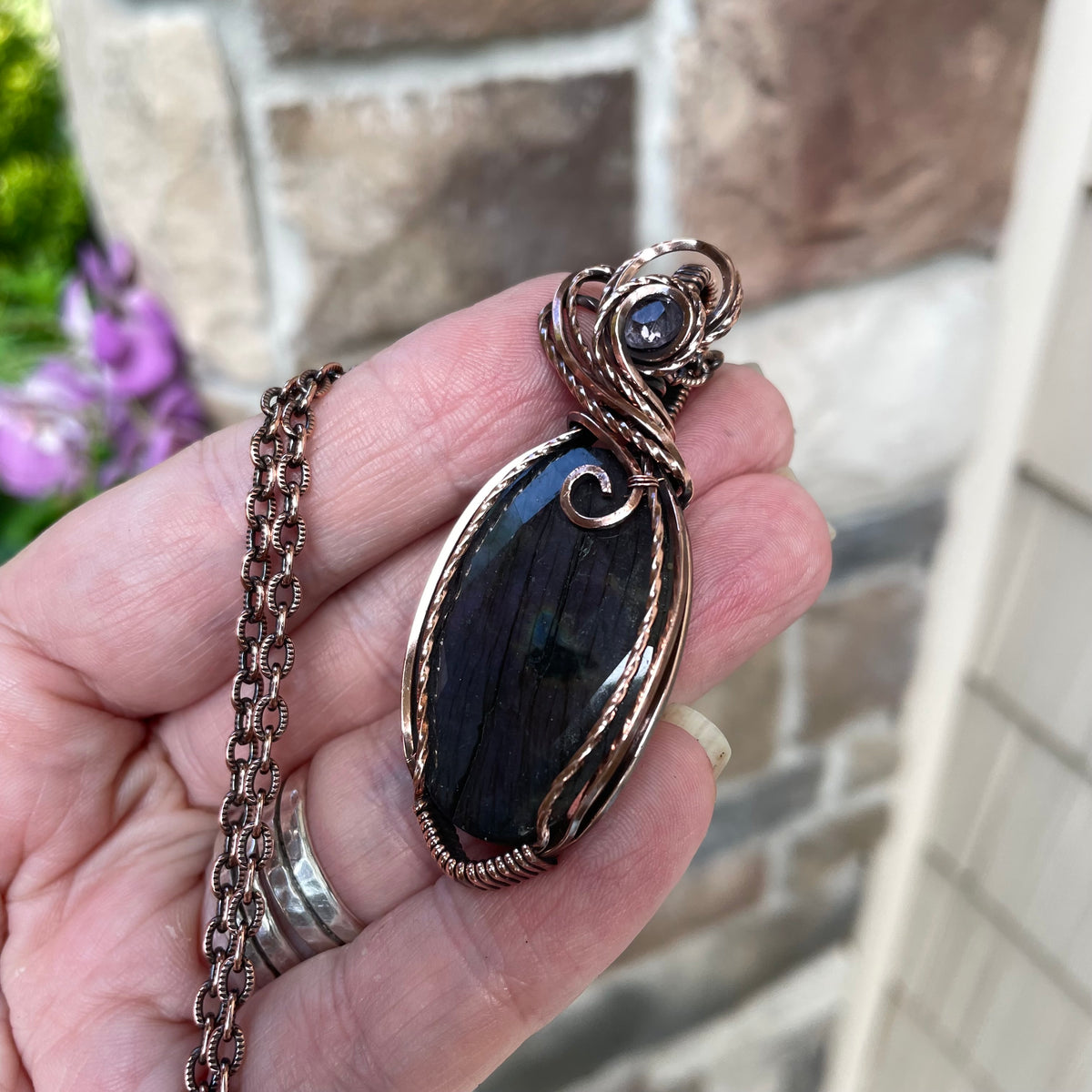 Faceted Purple Oval Labradorite & Pink Amethyst Copper Pendant