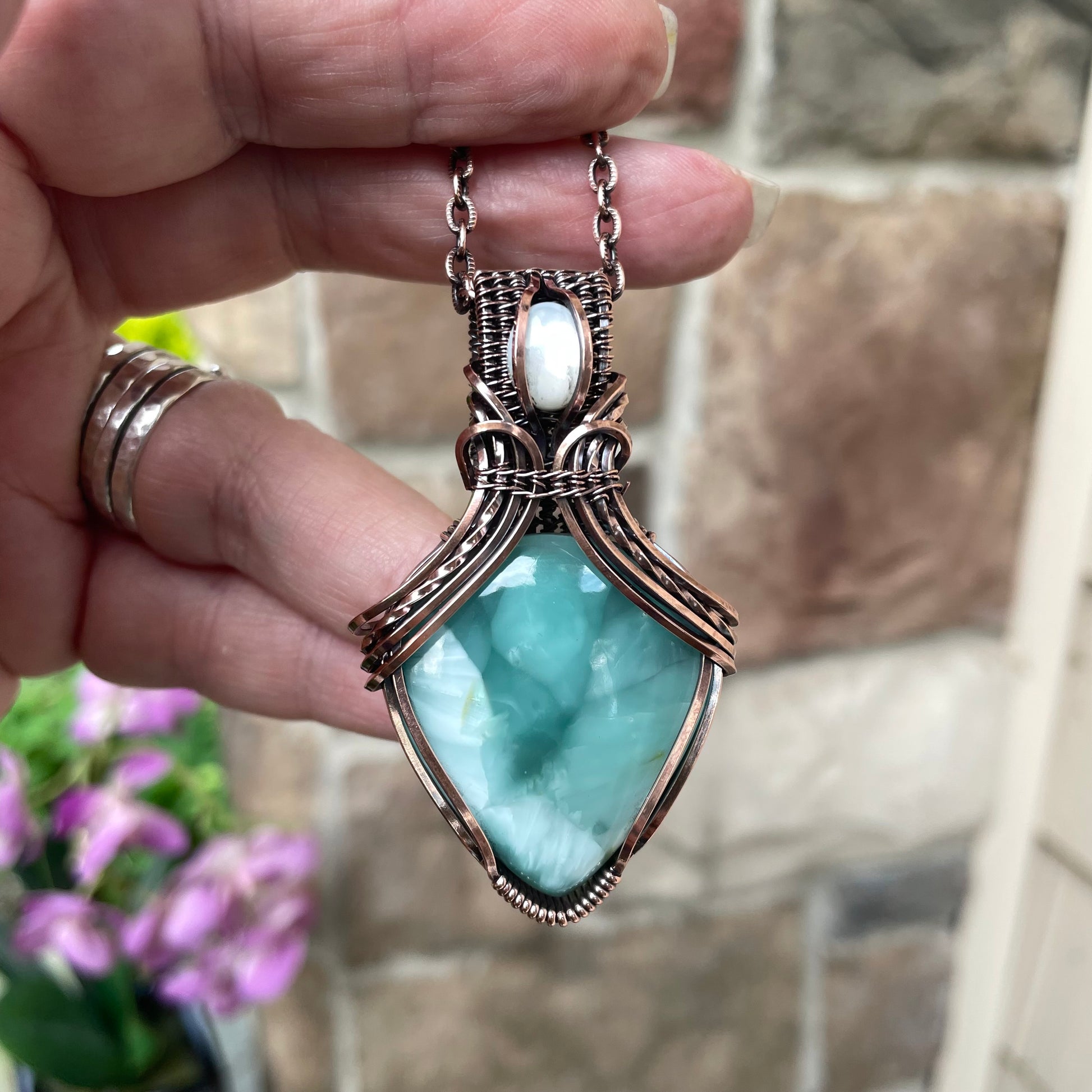 Hemimorphite & Mother of Pearl Copper Pendant with Woven Bail