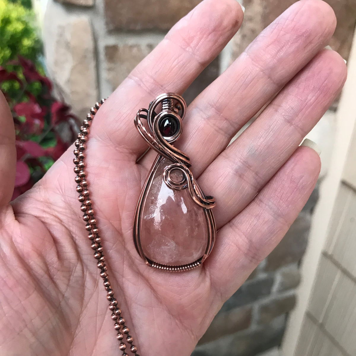 Morganite & Garnet Copper Swirly Necklace