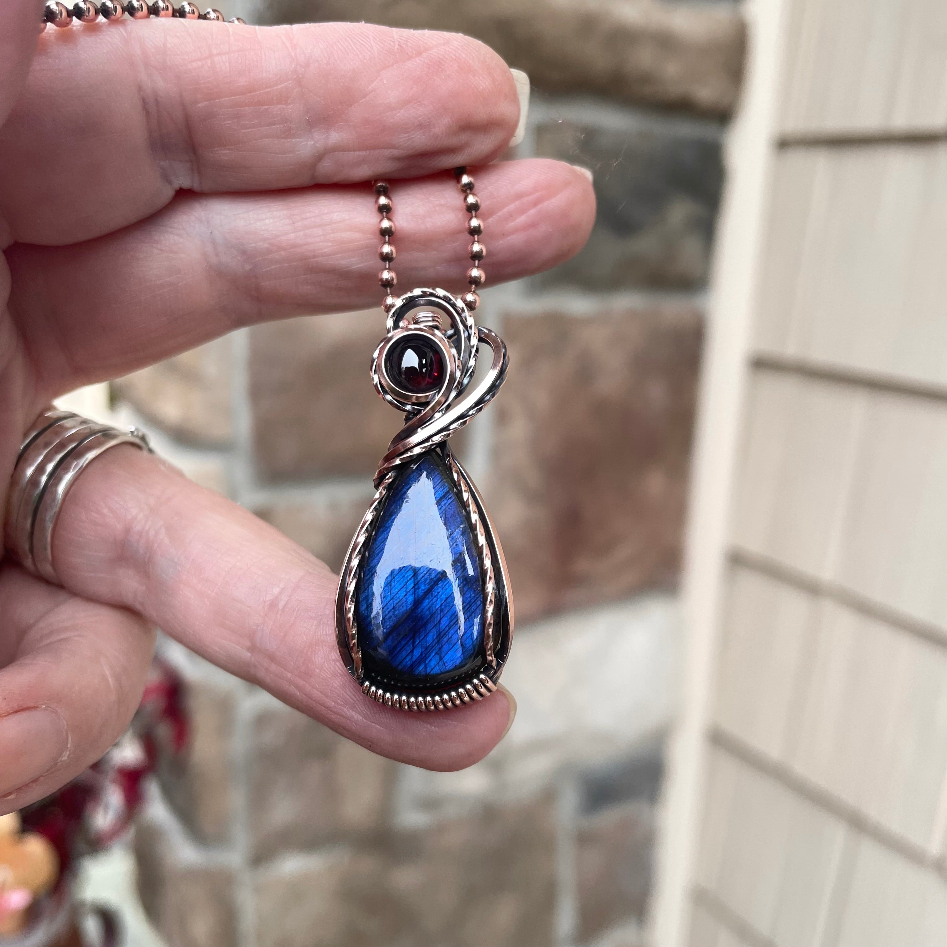 Blue Labradorite & Garnet Copper Pendant