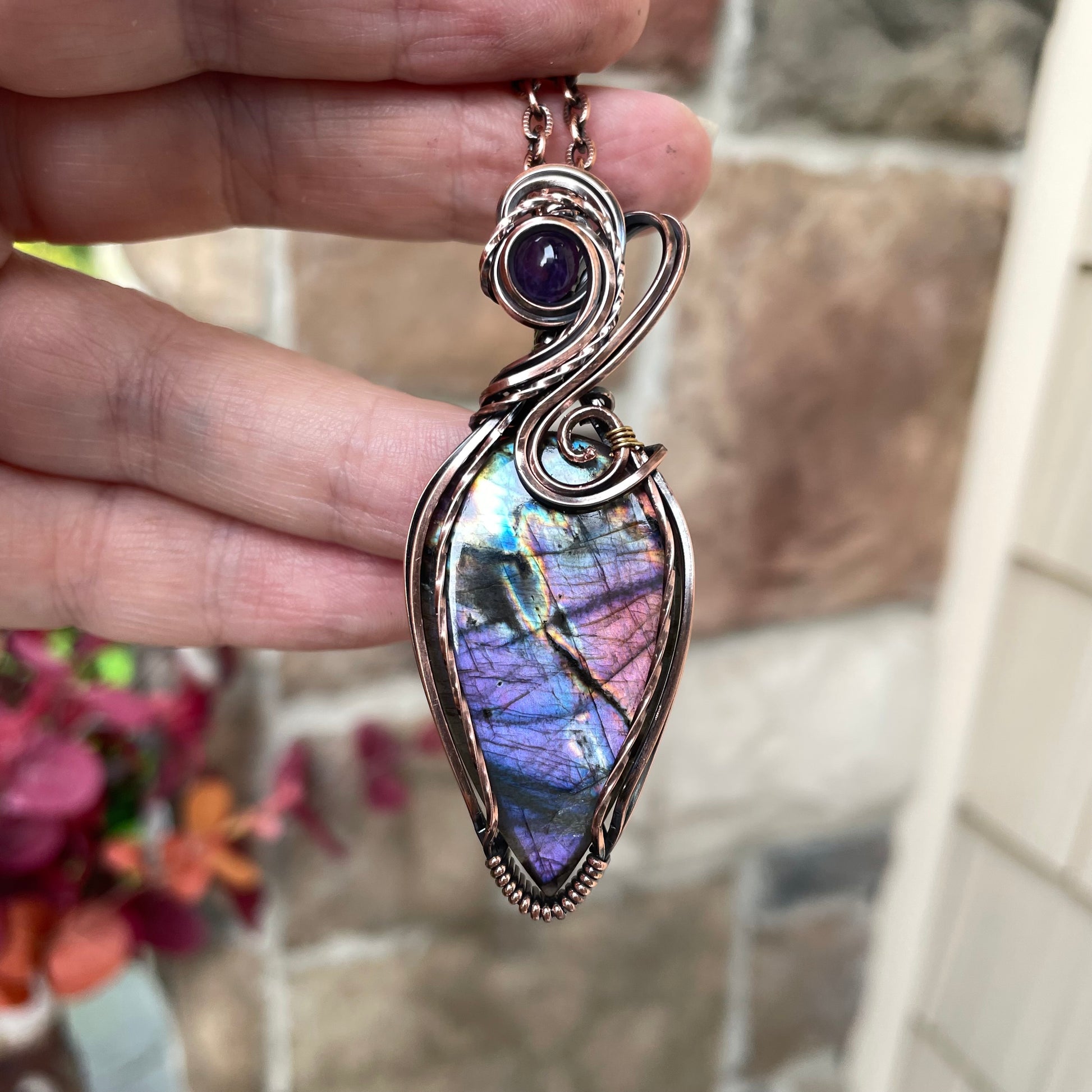 Purple Rainbow Labradorite & Amethyst Swirly Copper Pendant