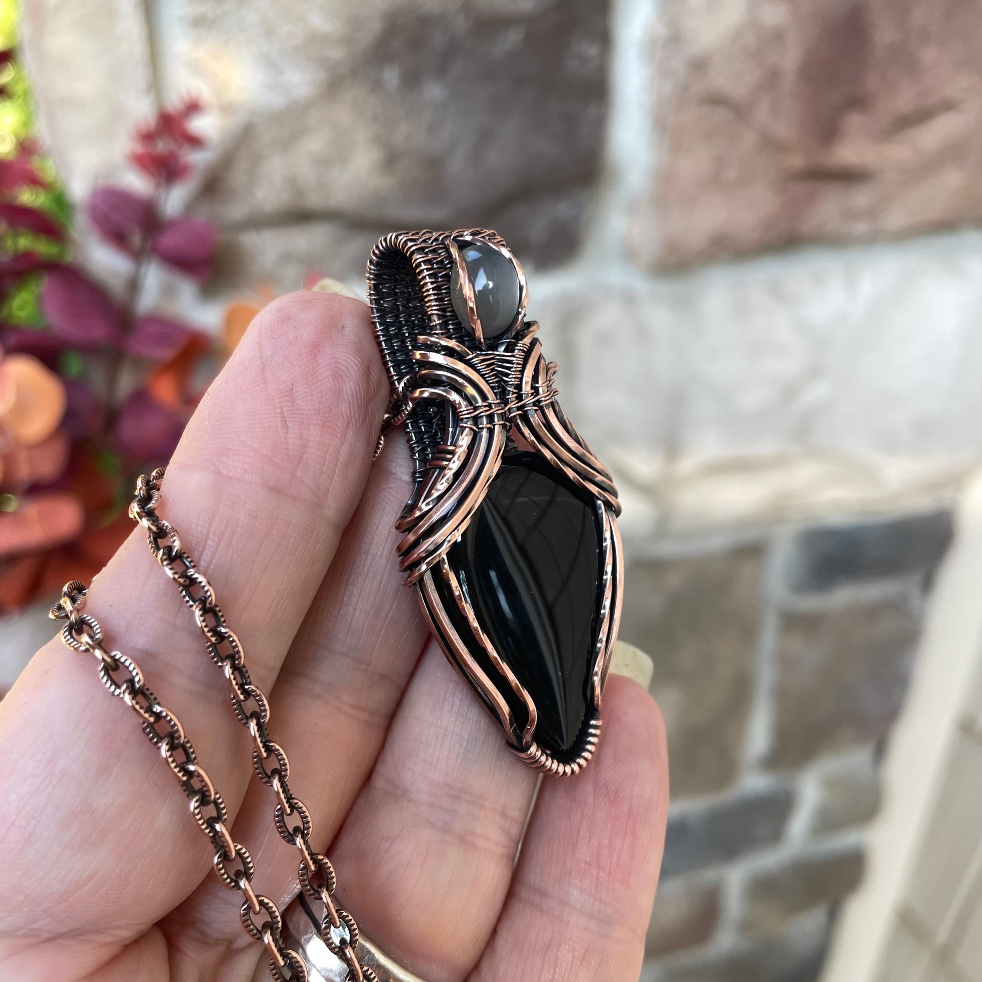 Black Onyx & Gray Moonstone Copper Pendant