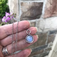 Moonstone mini silver wire wrapped necklace, Handmade artisan round rainbow crystal pendant