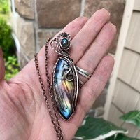 Rainbow Labradorite Marquis Swirly Copper Pendant