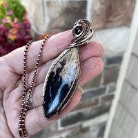 Petrified Palm Wood & Garnet Marquise Copper Pendant 