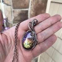 Rainbow Labradorite Oval Swirly Copper Pendant