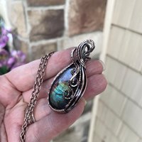 Rainbow Labradorite Oval Swirly Copper Pendant