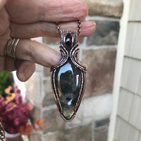 Moss Agate & Smoky Quartz Copper Pendant with Woven Bail