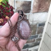 Rose Quartz & Garnet Copper Woven Pendant