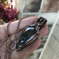Moss Agate & Smoky Quartz Copper Pendant with Woven Bail