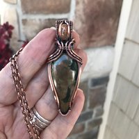 Rainforest Jasper & Sunstone Copper Pendant with Woven Bail