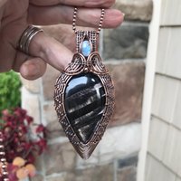 Hypersthene & Moonstone Woven Copper Pendant