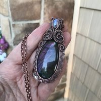Purple Labradorite & Moonstone Copper Woven Pendant