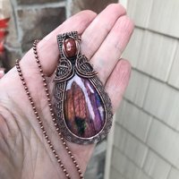Orange Pink Labradorite & Sunstone Woven Pendant