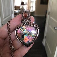 Orange Purple Labradorite & Sunstone Copper Pendant with Woven Bail