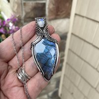 Blue Purple Labradorite & Moonstone Silver Pendant