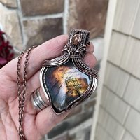 Orange Rainbow Labradorite & Sunstone Copper Necklace with Weaving