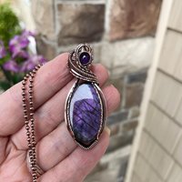 Purple Labradorite & Amethyst Oval Copper Pendant