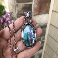 Teal Labradorite & Moonstone Copper Pendant with Weaving