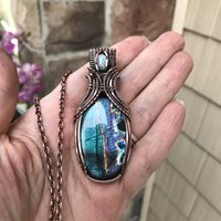 Teal Labradorite & Moonstone Copper Pendant with Weaving