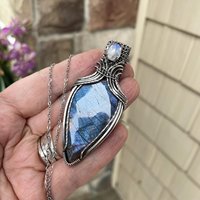Blue Purple Labradorite & Moonstone Silver Pendant