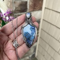 Blue Purple Labradorite & Moonstone Silver Pendant