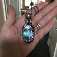 Teal Labradorite & Moonstone Copper Pendant with Weaving