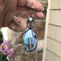 Teal Labradorite & Moonstone Copper Pendant with Weaving